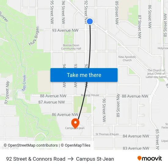 92 Street & Connors Road to Campus St-Jean map