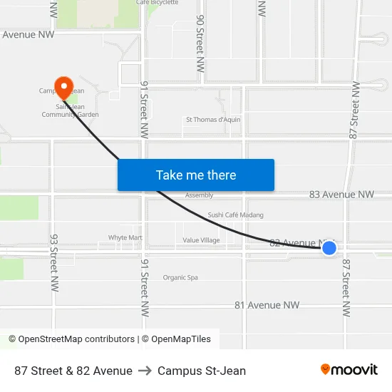 87 Street & 82 Avenue to Campus St-Jean map