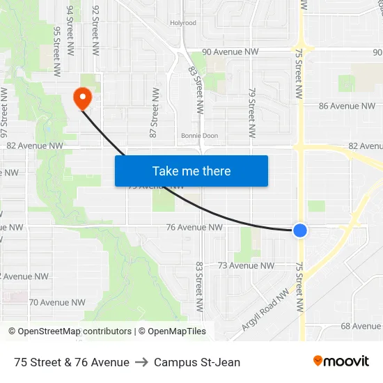 75 Street & 76 Avenue to Campus St-Jean map