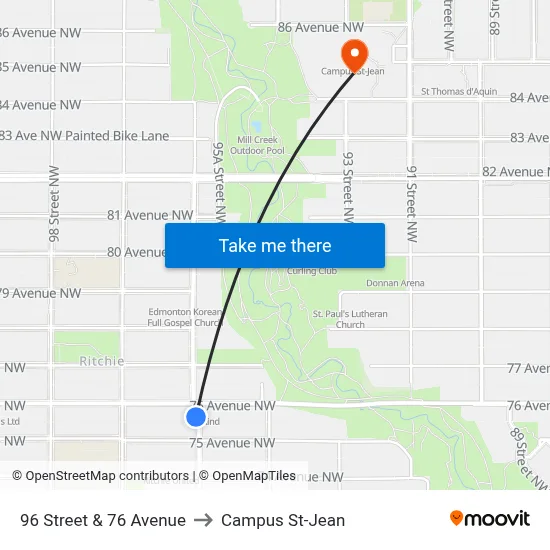 96 Street & 76 Avenue to Campus St-Jean map