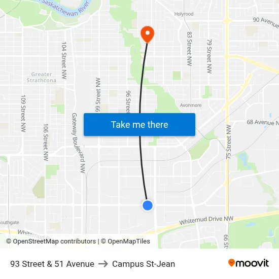 93 Street & 51 Avenue to Campus St-Jean map