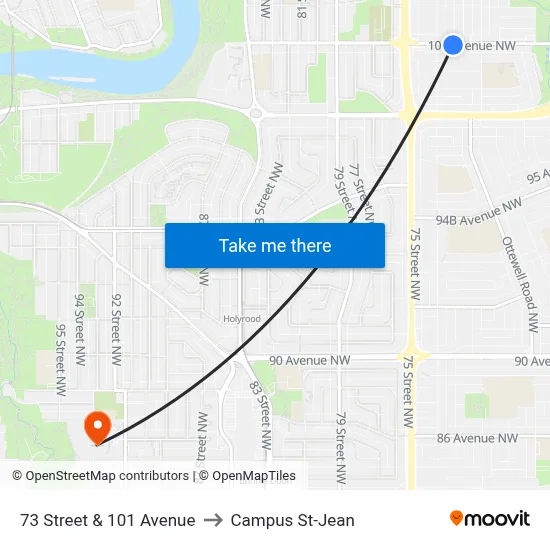 73 Street & 101 Avenue to Campus St-Jean map