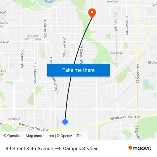 99 Street & 45 Avenue to Campus St-Jean map