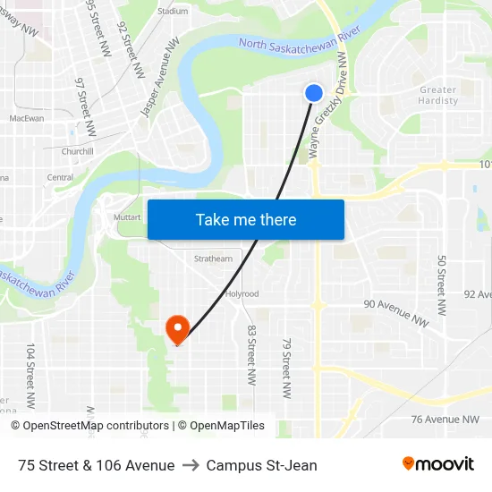 75 Street & 106 Avenue to Campus St-Jean map