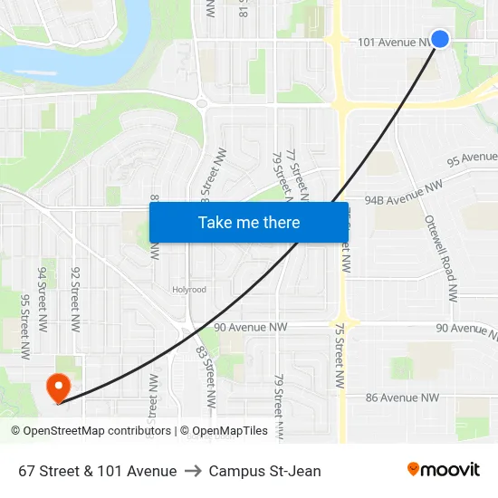 67 Street & 101 Avenue to Campus St-Jean map