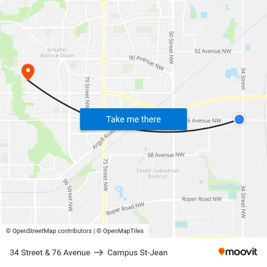 34 Street & 76 Avenue to Campus St-Jean map