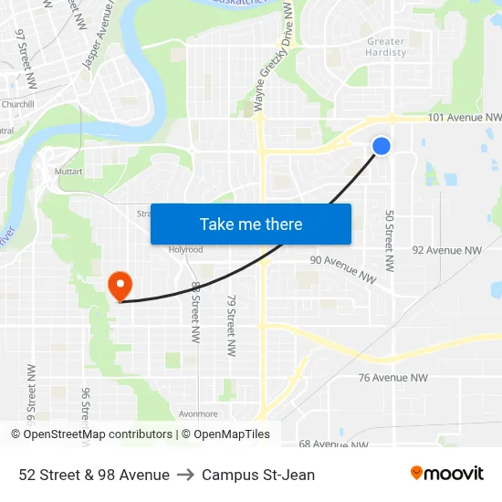 52 Street & 98 Avenue to Campus St-Jean map