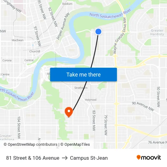 81 Street & 106 Avenue to Campus St-Jean map