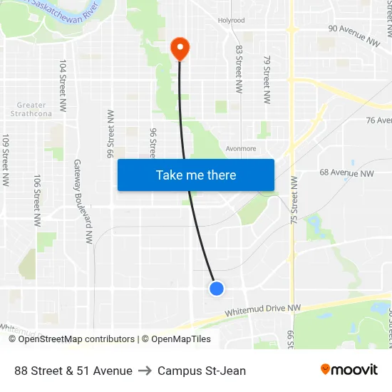 88 Street & 51 Avenue to Campus St-Jean map