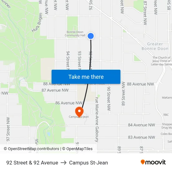 92 Street & 92 Avenue to Campus St-Jean map
