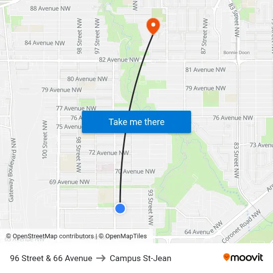 96 Street & 66 Avenue to Campus St-Jean map