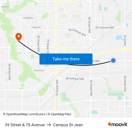 39 Street & 76 Avenue to Campus St-Jean map