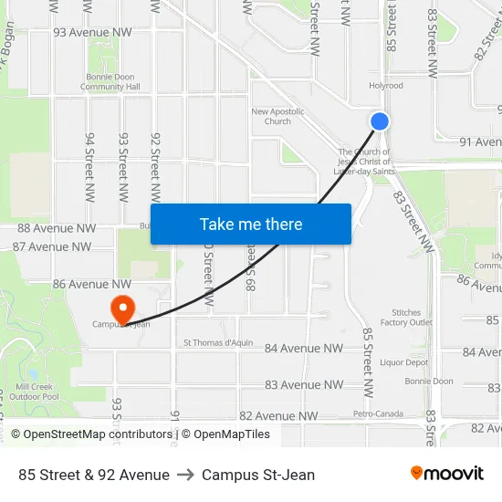 85 Street & 92 Avenue to Campus St-Jean map