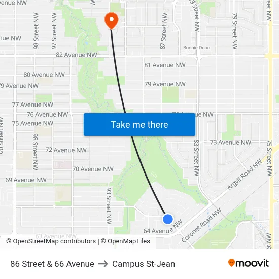 86 Street & 66 Avenue to Campus St-Jean map