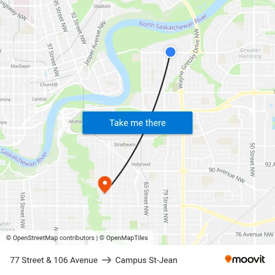 77 Street & 106 Avenue to Campus St-Jean map