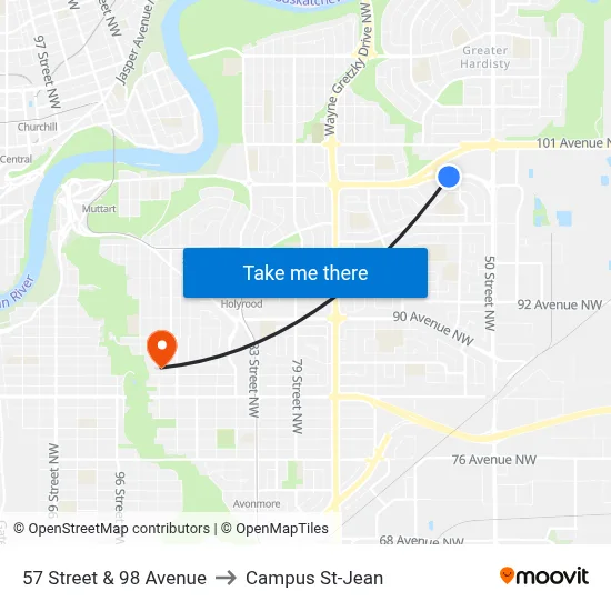 57 Street & 98 Avenue to Campus St-Jean map