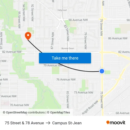 75 Street & 78 Avenue to Campus St-Jean map