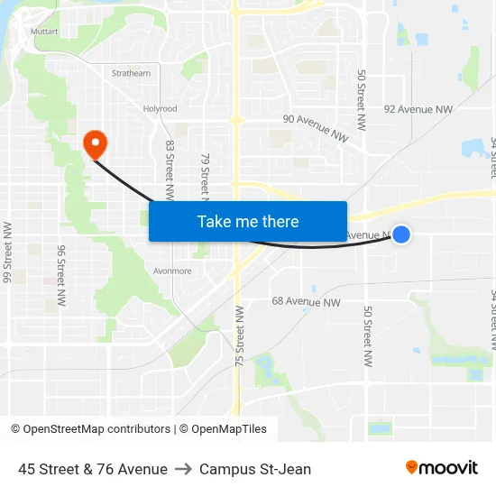 45 Street & 76 Avenue to Campus St-Jean map