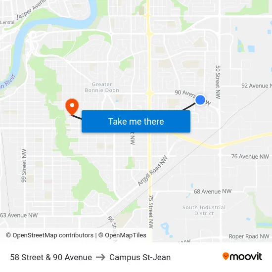 58 Street & 90 Avenue to Campus St-Jean map