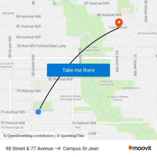 98 Street & 77 Avenue to Campus St-Jean map