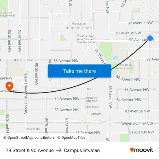 79 Street & 90 Avenue to Campus St-Jean map