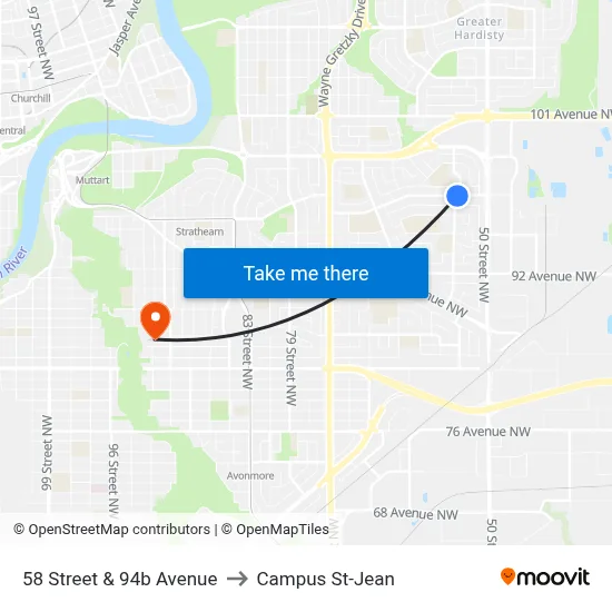 58 Street & 94b Avenue to Campus St-Jean map