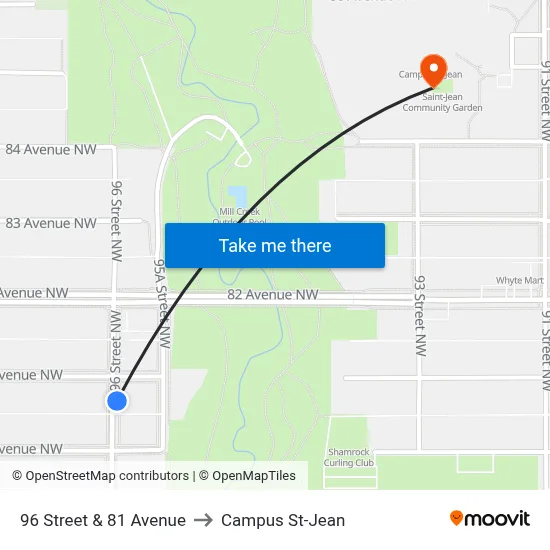 96 Street & 81 Avenue to Campus St-Jean map