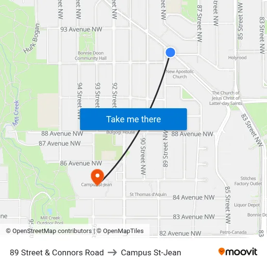 89 Street & Connors Road to Campus St-Jean map