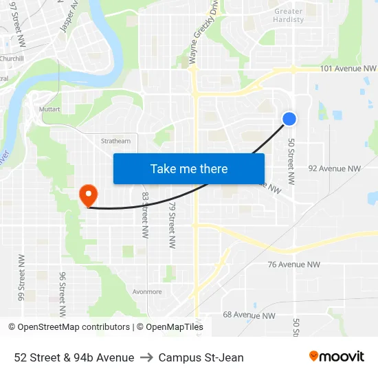 52 Street & 94b Avenue to Campus St-Jean map