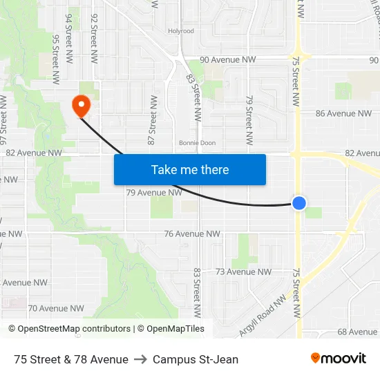 75 Street & 78 Avenue to Campus St-Jean map