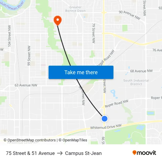 75 Street & 51 Avenue to Campus St-Jean map