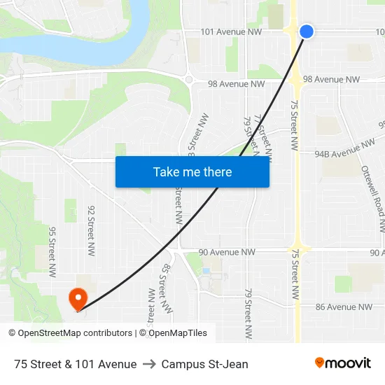 75 Street & 101 Avenue to Campus St-Jean map