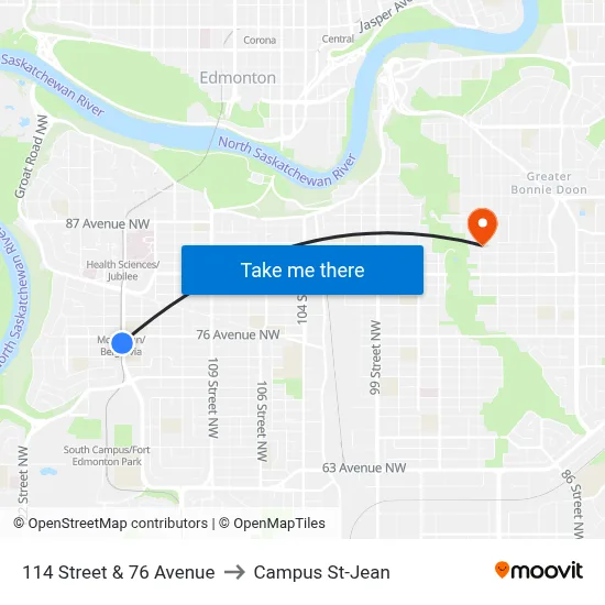 114 Street & 76 Avenue to Campus St-Jean map