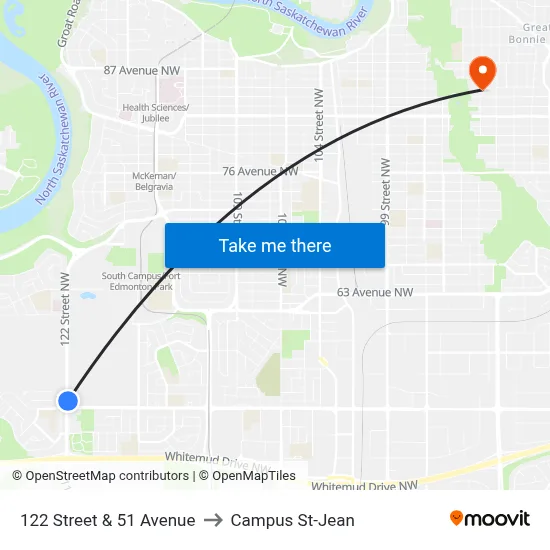 122 Street & 51 Avenue to Campus St-Jean map
