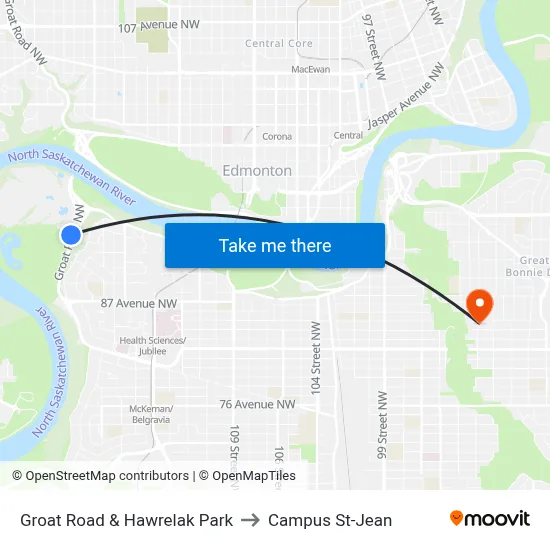 Groat Road & Hawrelak Park to Campus St-Jean map
