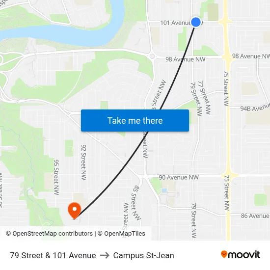 79 Street & 101 Avenue to Campus St-Jean map