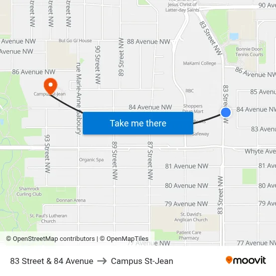 83 Street & 84 Avenue to Campus St-Jean map