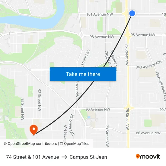 74 Street & 101 Avenue to Campus St-Jean map