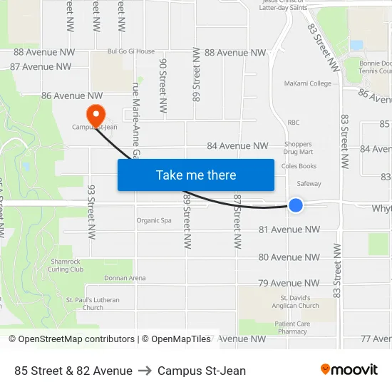 85 Street & 82 Avenue to Campus St-Jean map