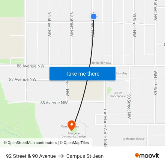 92 Street & 90 Avenue to Campus St-Jean map
