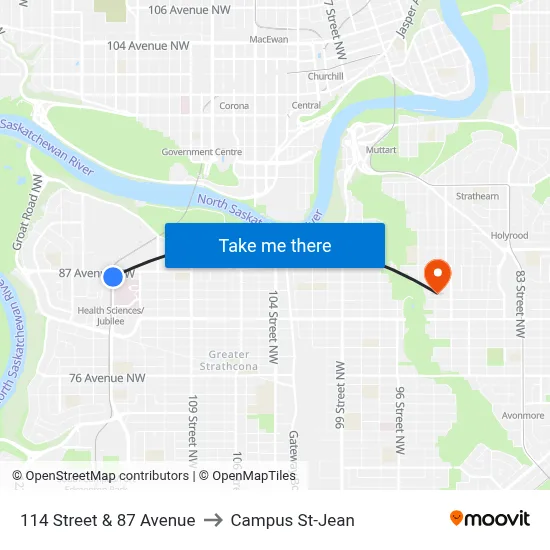 114 Street & 87 Avenue to Campus St-Jean map