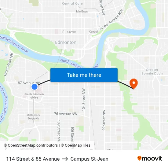 114 Street & 85 Avenue to Campus St-Jean map