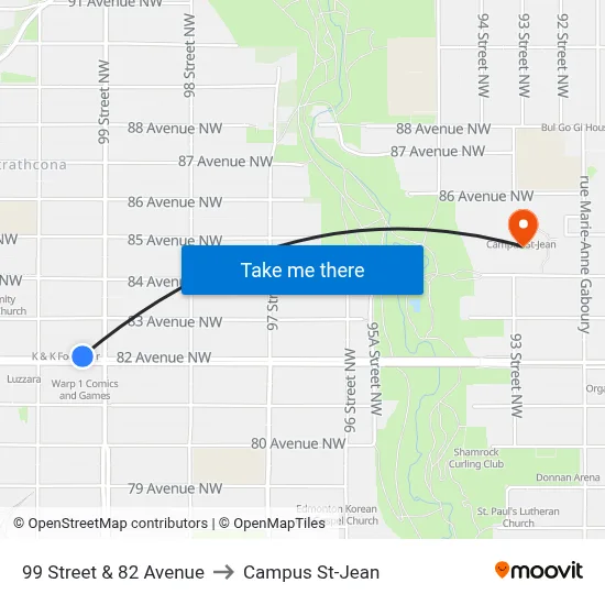 99 Street & 82 Avenue to Campus St-Jean map