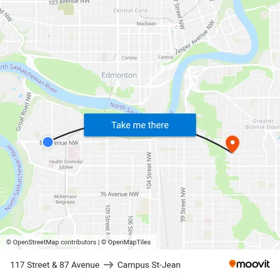 117 Street & 87 Avenue to Campus St-Jean map