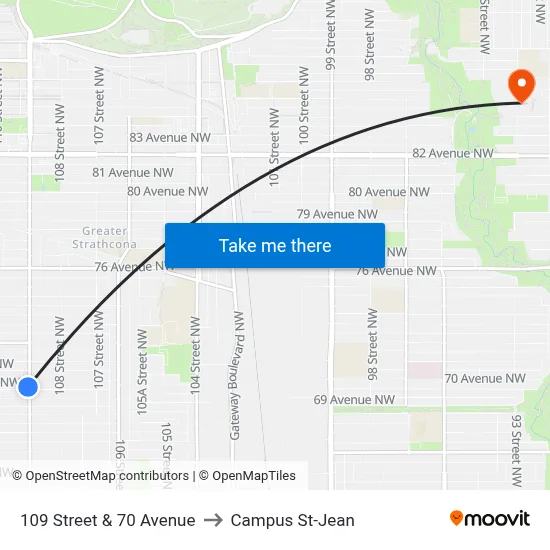109 Street & 70 Avenue to Campus St-Jean map