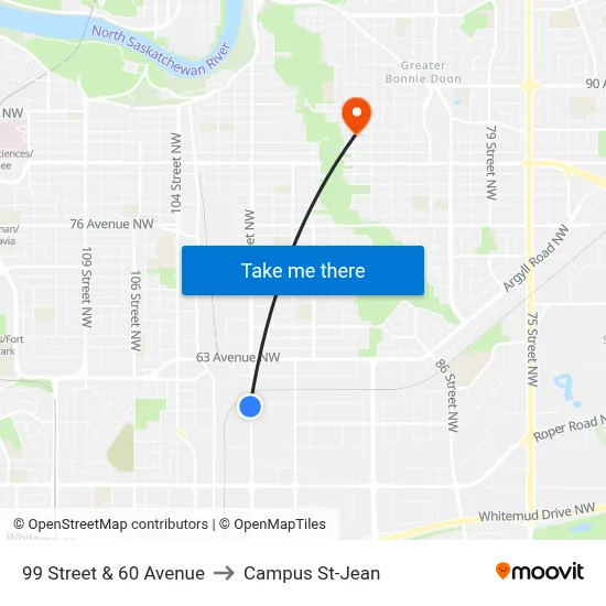99 Street & 60 Avenue to Campus St-Jean map
