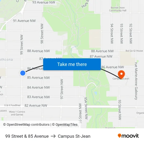 99 Street & 85 Avenue to Campus St-Jean map