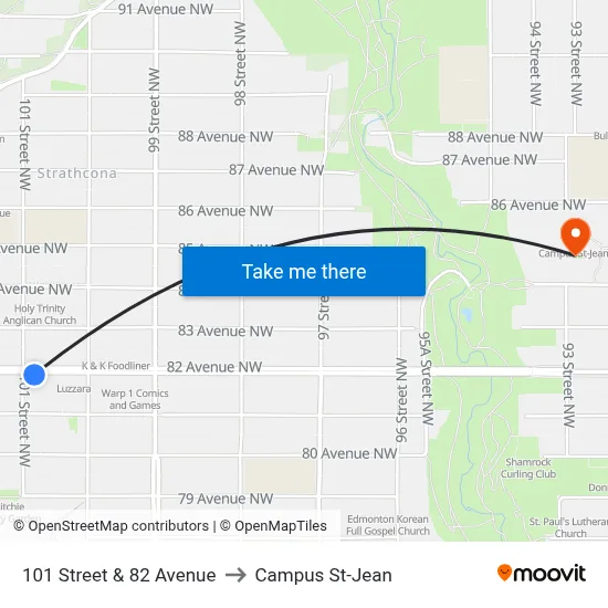 101 Street & 82 Avenue to Campus St-Jean map