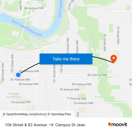 106 Street & 82 Avenue to Campus St-Jean map