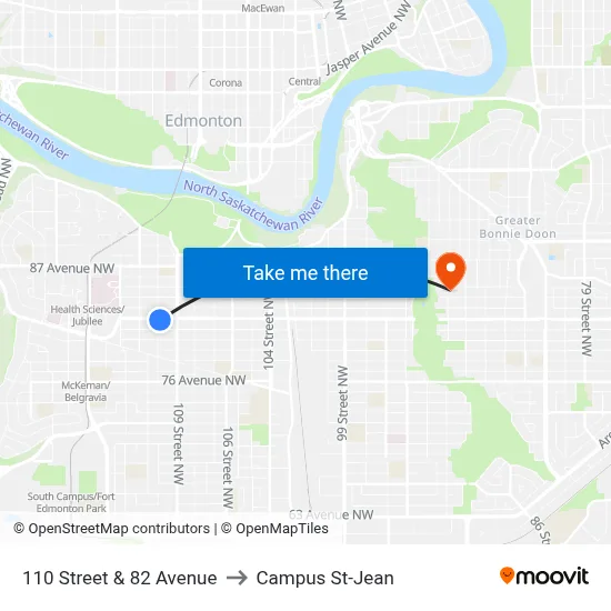 110 Street & 82 Avenue to Campus St-Jean map